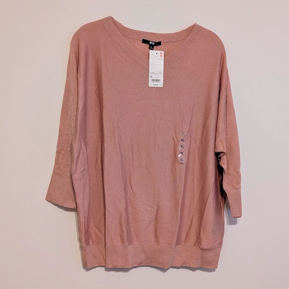 HTF Uniqlo Dusty Rose V-Neck Relaxed Dolman Rayon Silk 3/4 Sleeve Sweater - XL